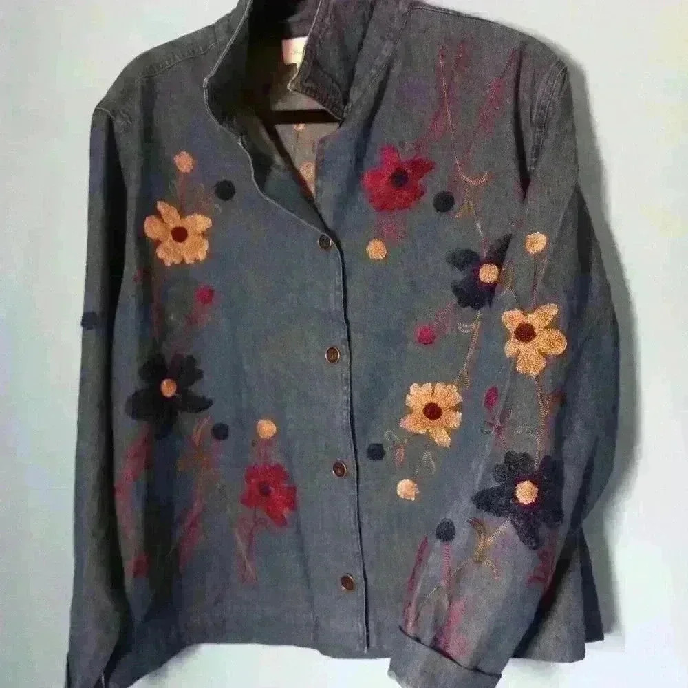 jean shacket 100% cotton boho vintage, Studio works size L, embroidered y2k